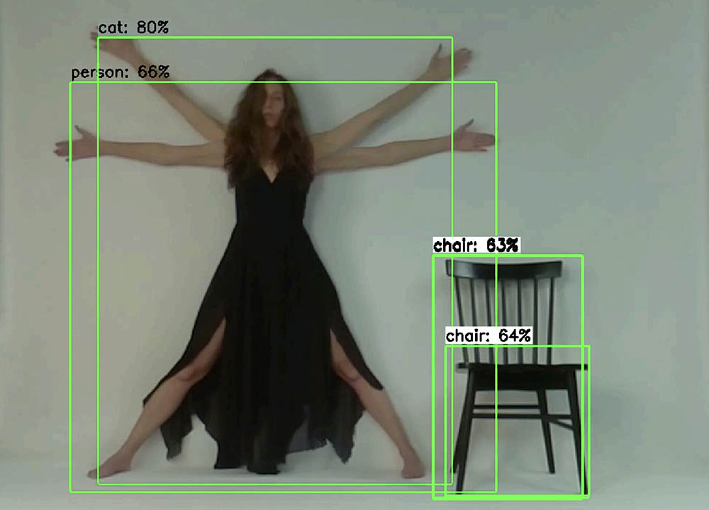 Video still from performance: the artist is standing next to a chair wearing black attire. Augmented realirt software attemps to indentify the image with overalys in green text.
