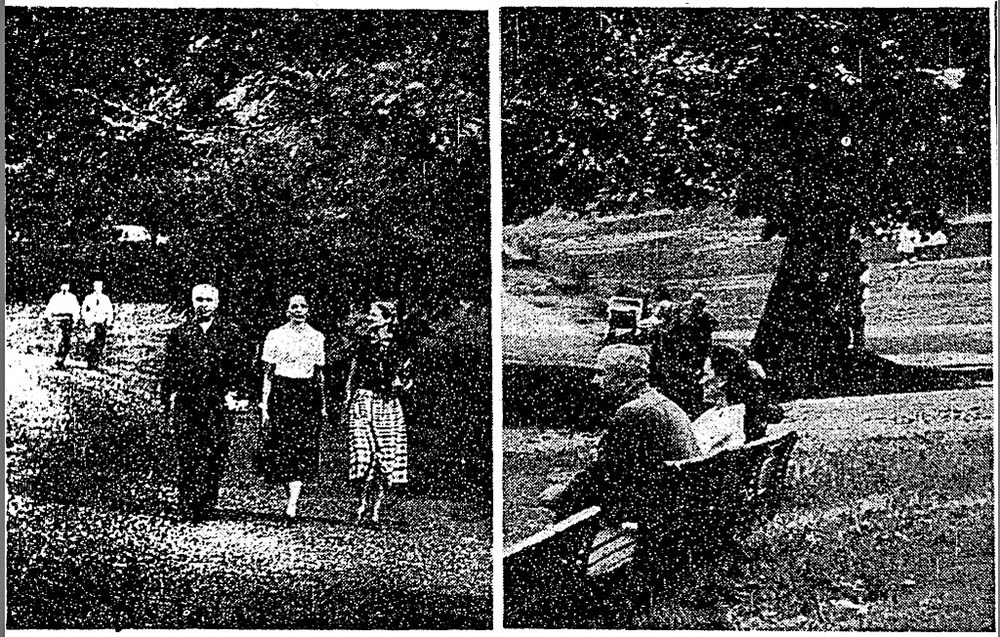 Two grainy black and white photos of poepl being followed in a park.
