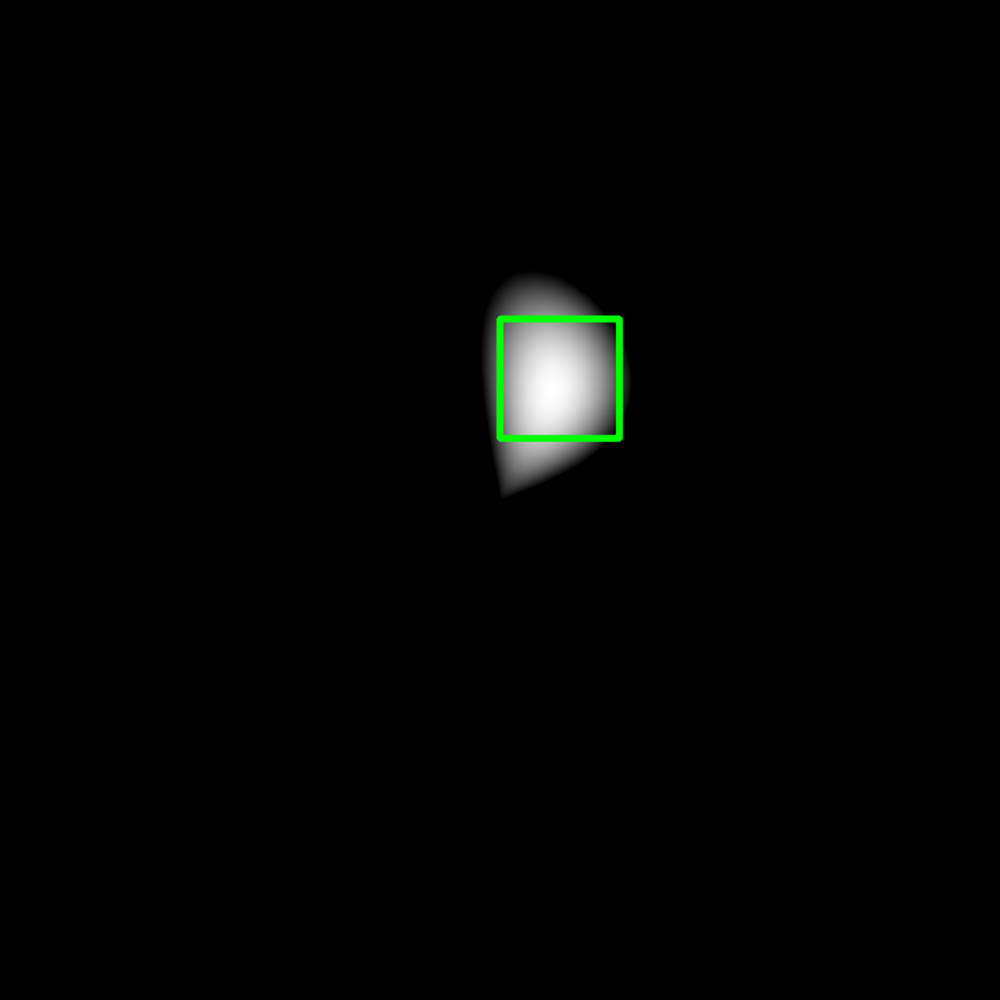 Image of a black field with a small out of focus white shape surrounded by a green swaure outline
