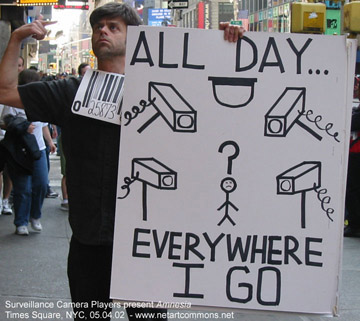 Man holding a sign with drawings of surveillence cameras and text that says 'All day...Everyehere I go...'