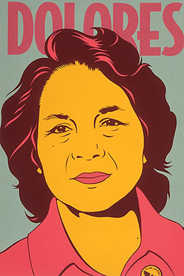 A bust portrait of Dolores Huerta in yellow, pink, and brown. The name Dolores is on the top center overlapped by her short layered hair.