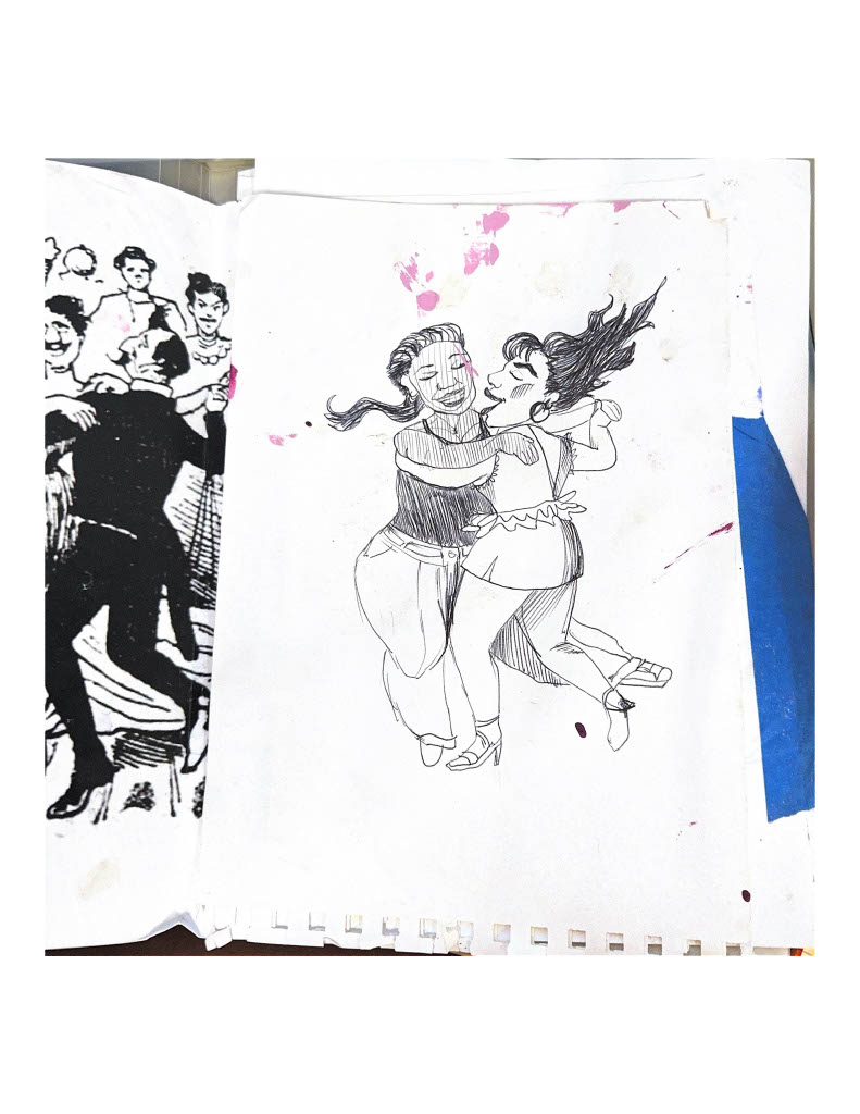 This sketch by Gabriela Ruiz and Rafa Esparza is an ink drawing with semi thick lines. It features a part of their final mural showing two smiling femme figures dancing together and hair flowing with their movement.