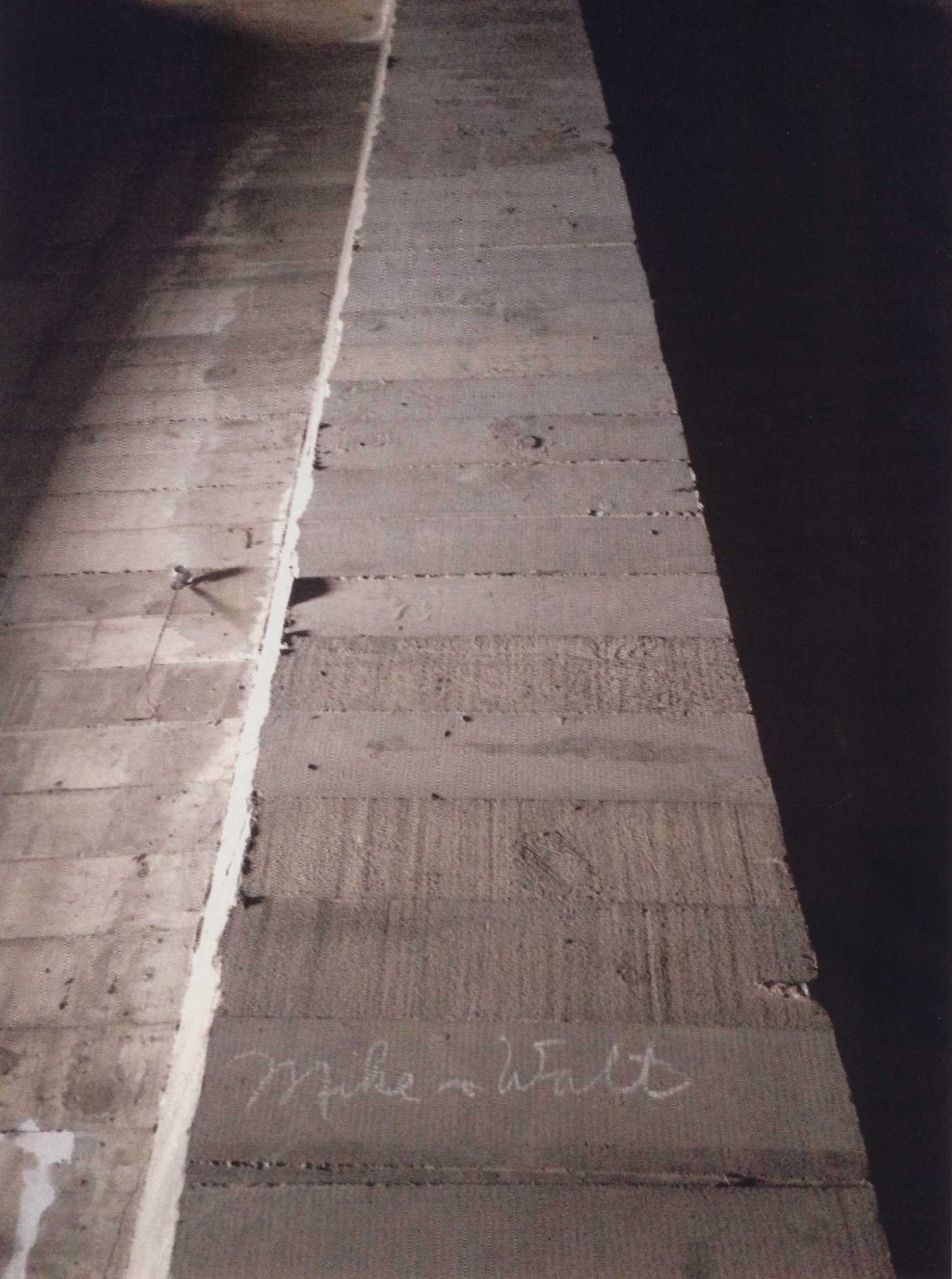 The frame is pointed upwards looking at a long aqueduct column. At almost the bottom of the frame, the names Mike and Walt are written in cursive with a plus sign between their names.