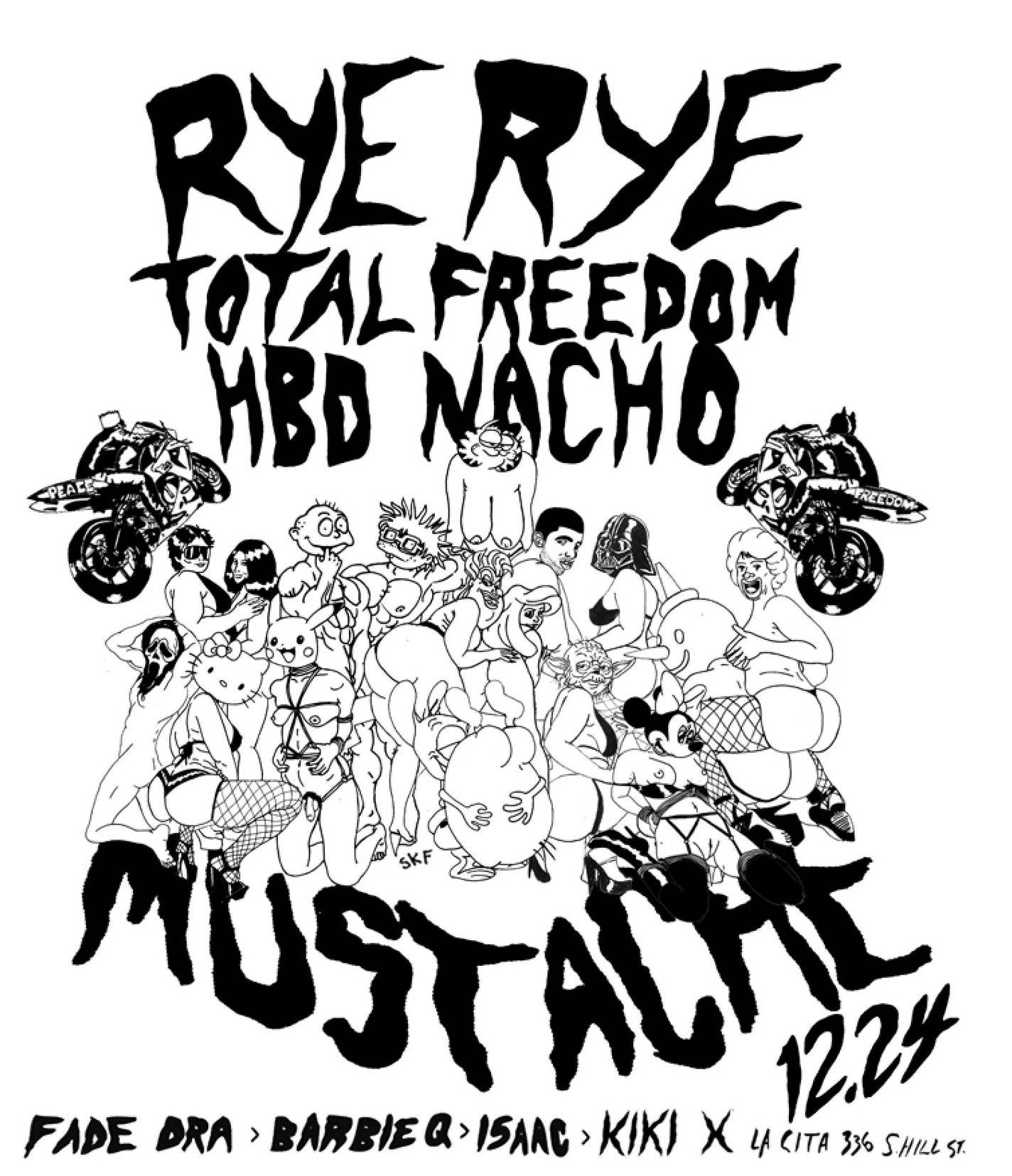 A party poster that reads Rye Rye Total Freedom HBD Nacho Mustache for December 24, 2012 in Los Angeles. The center features a wide cast of illustrated characters both nude and in bikinis.