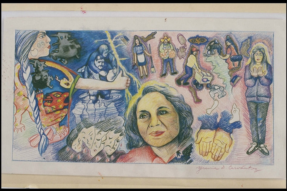 This sketch is completed in colored pencil and depicts most of the main imagery from the final mural by Yreina Cervantez. Dolores Huerta is centered with other figures around her including a farm worker seamstress and paleta seller pushing a cart.