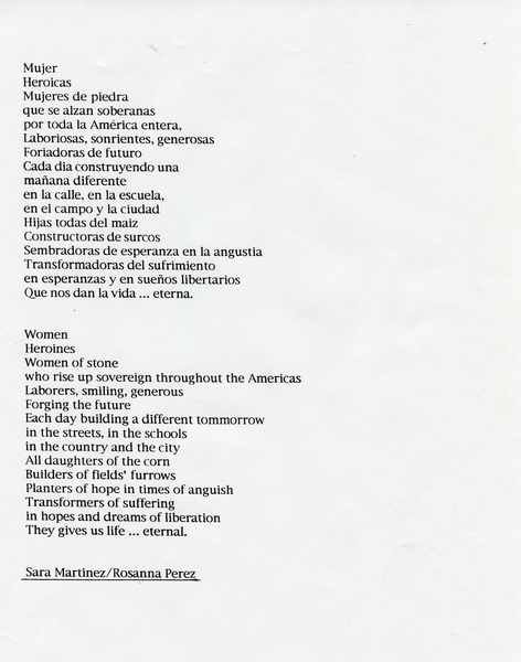 The complete text of the full poem by Sara Martinez and Rosanna Perez featured in the mural by Yreina Cervantez titled La Ofrenda.