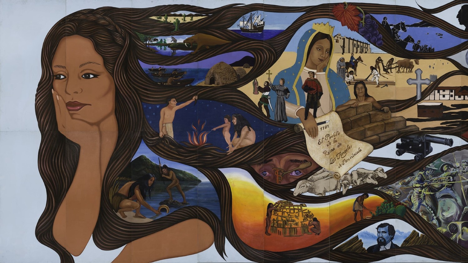 A portion of the Barbara Carrasco mural with the full face of a woman on the left side,
                            features vignettes of Los Angeles historical events.