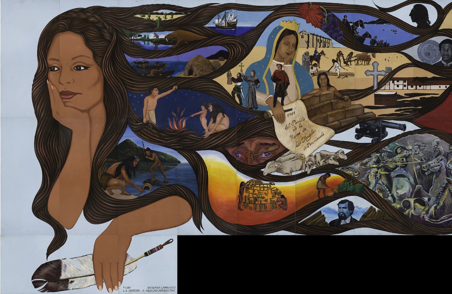 A portion of the Barbara Carrasco mural with the full face of a woman on the left side, features vignettes of Los Angeles historical events.                                        