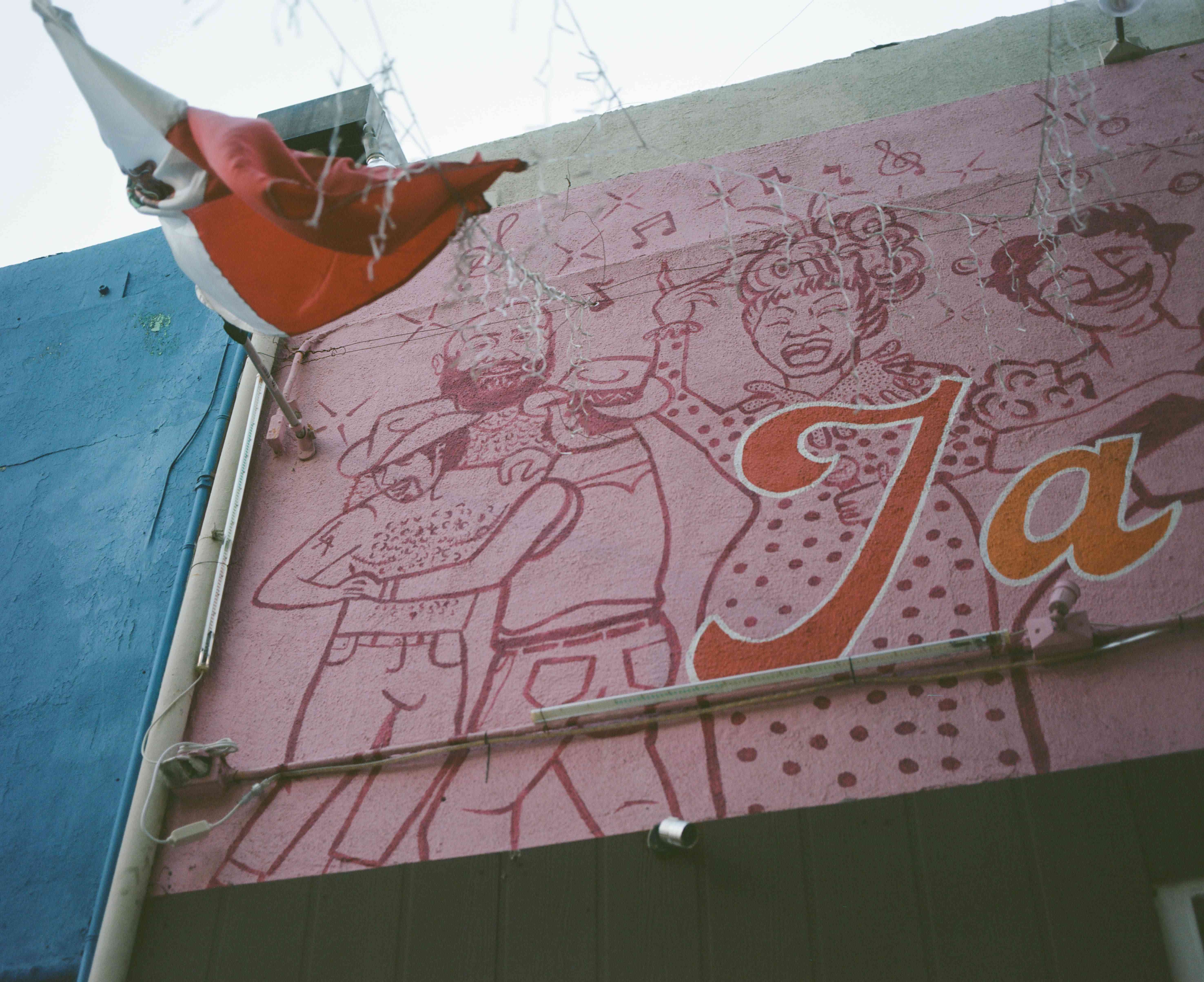 A detail from Rafa Esparza and Gabriela Ruiz mural featuring Nacho Nava Celia Cruz and a pair of dancing figures. A Mexican flag hangs next to the mural.