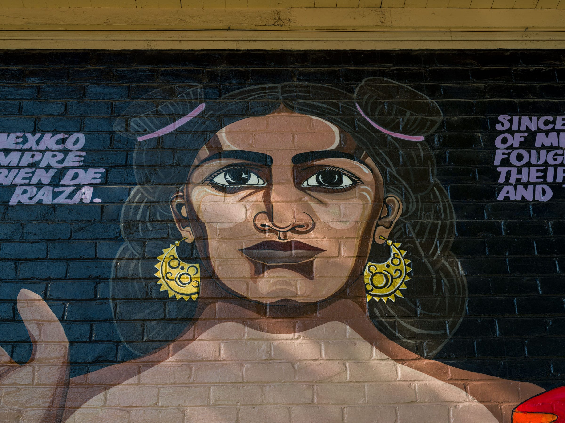 A close up of a female face wearing earrings and coiled buns.