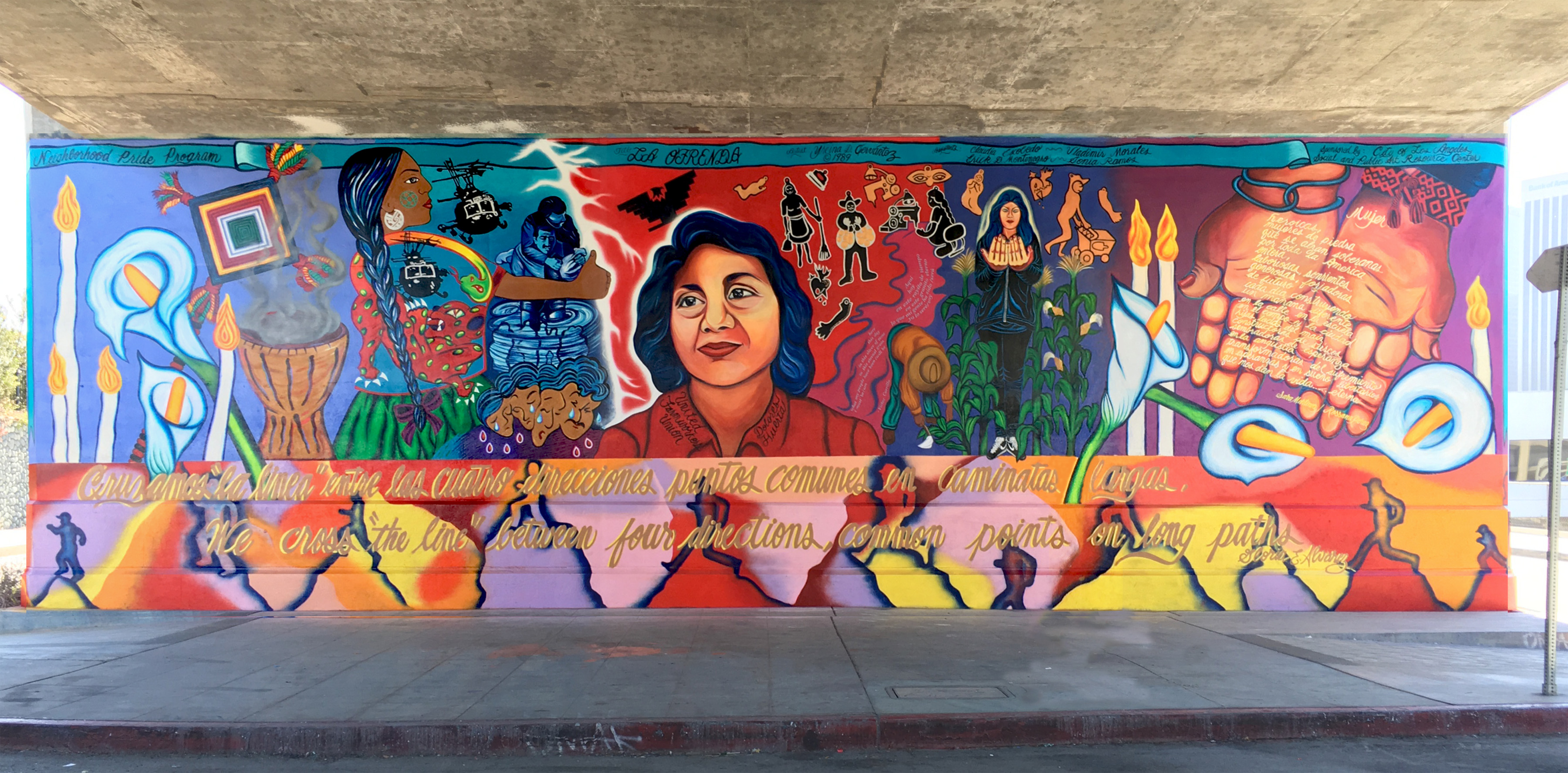 The complete mural underneath a freeway overpass.