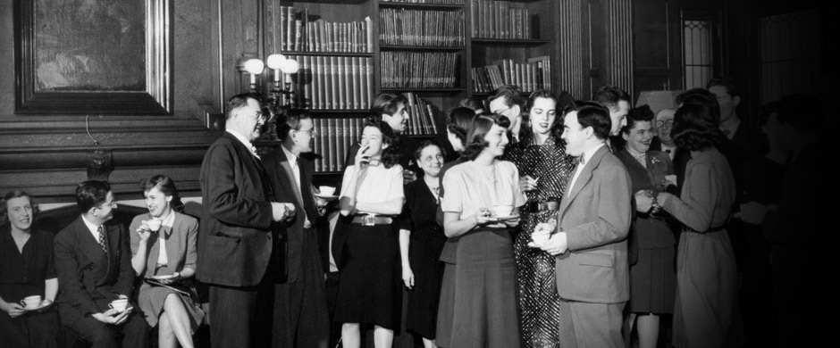 Historical photo of students at a reception at the Institute