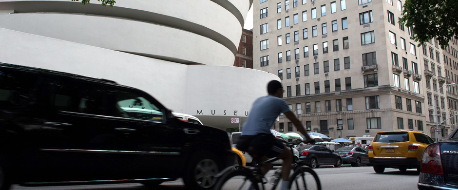 A street scene on the Upper East Side featuring the Guggenheim museum