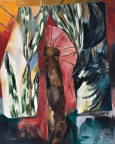 Abstract painting evocative of a tree in nature, with a orange and red sky.